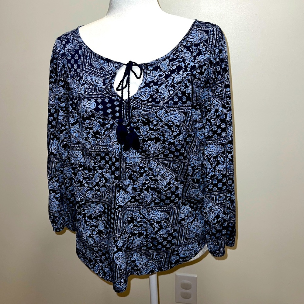 Lucky Brand Blue Paisley Tie Front Blouse Boho Fall Top - Picture 3 of 9
